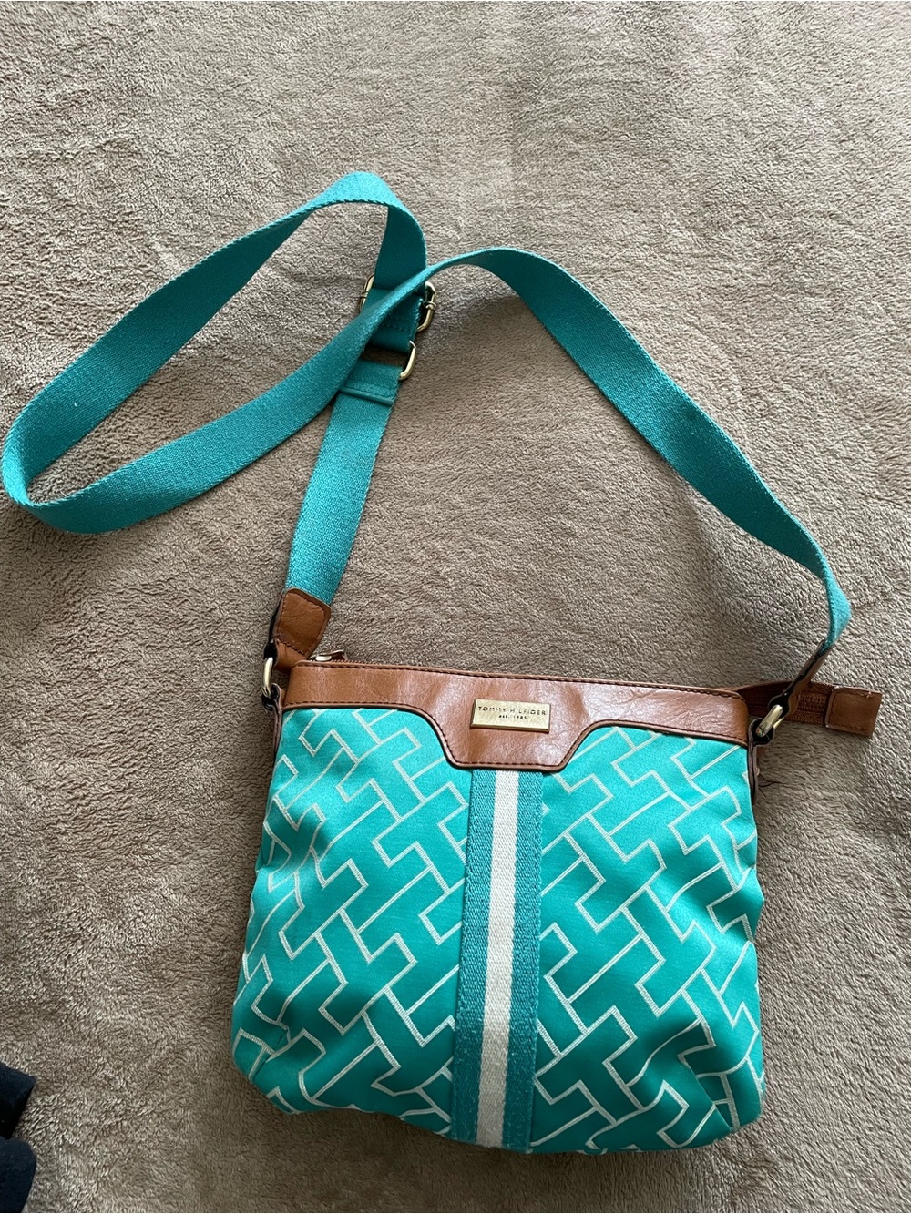 Tommy Hilfiger Teal Pattern Crossbody with Brown Trim